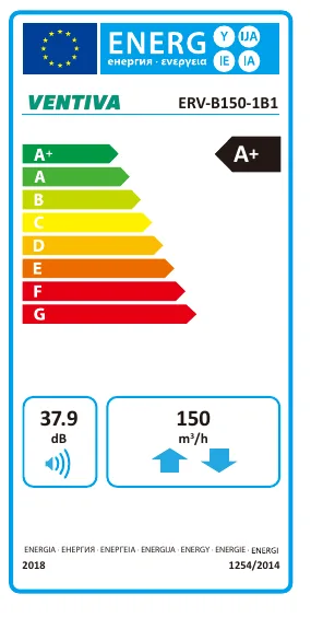 VENTIVA enerji etiketi: A+ sınıfı, 37,9 dB, 150 m³/h