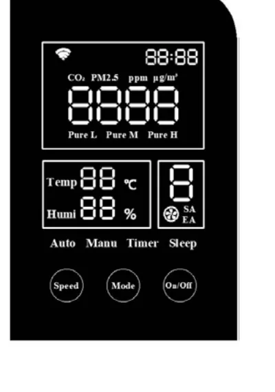 Dokunmatik ekran: Wi-Fi, saat, CO₂/PM2.5, sıcaklık, nem, hız ve mod göstergeleri